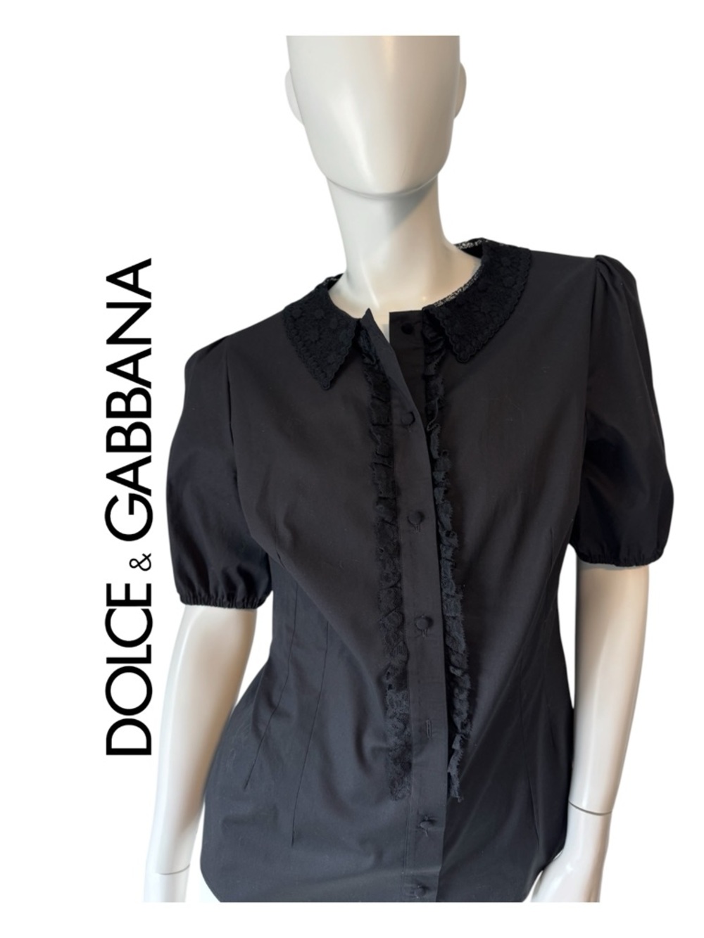 Dolce & Gabbana Black Short Sleeve Cotton Button-Up Top with Lace collar,trim